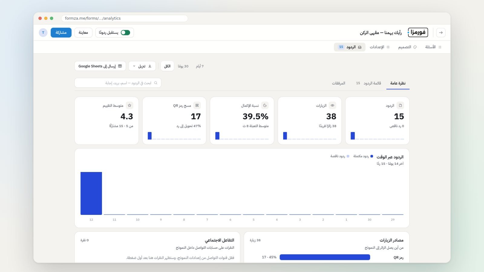 صفحة نتائج نموذج في فورمزا: عدد الردود ومصادر الزيارات ونقطة التوقف